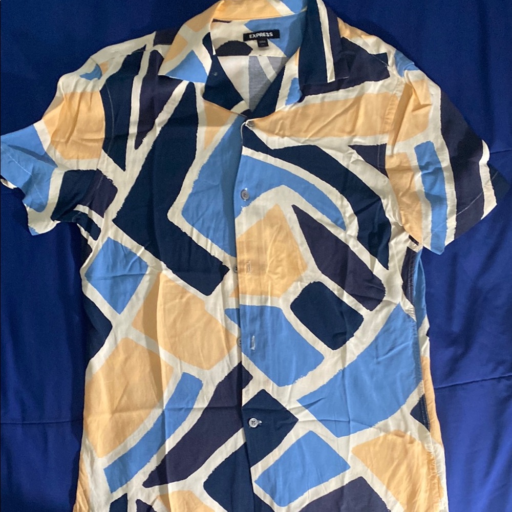Express Blue and Yellow Casual Button Down Shirt